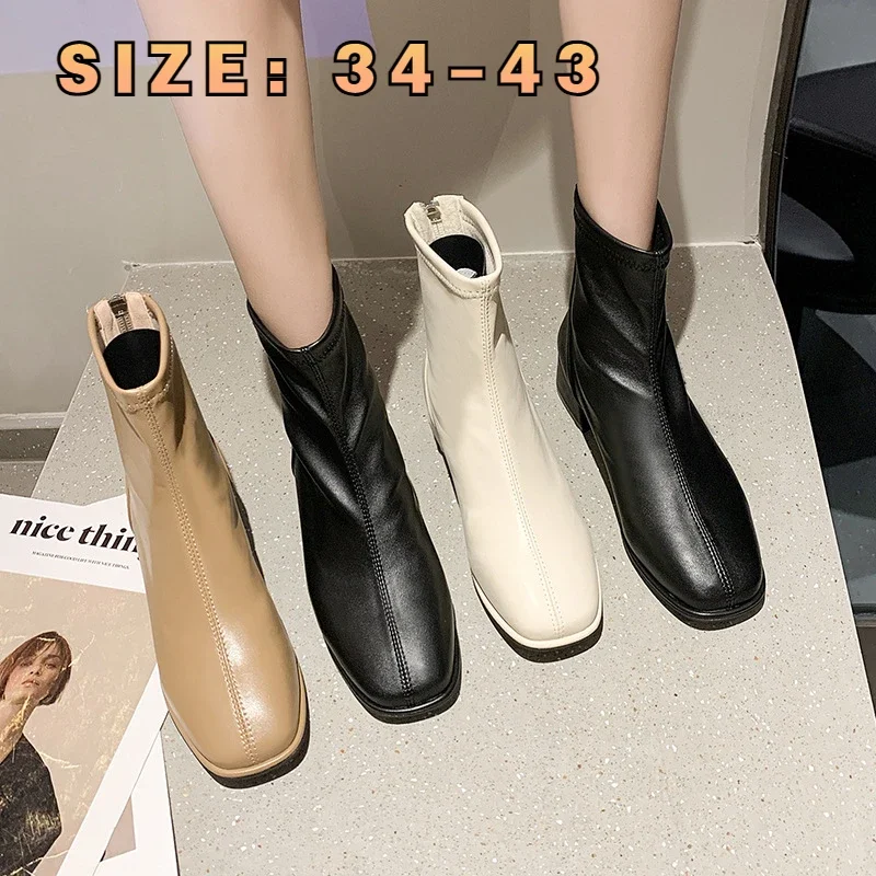 

Elastic Socks Boots 2024 Winter New Retro Round Head Leather Surface Warm Comfortable Boots Short Tubed Heel Women Ankle Boots