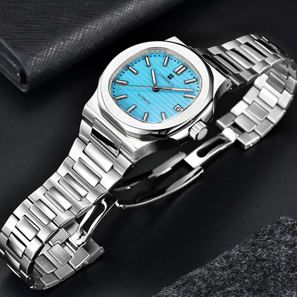 CORGEUT NH35 41mm Square Men\'s Watch Sapphire Glass Black/Skyblue Automatic Mechanical Waterproof Date Watch for Man Reloj