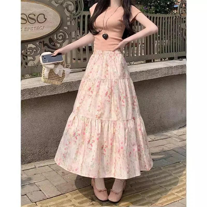 레트로 플로럴 플리츠 스커트 여성용 신상품 신축성 있는 허리 슬림 A라인 미디길이 큰 스윙 우산 스커트