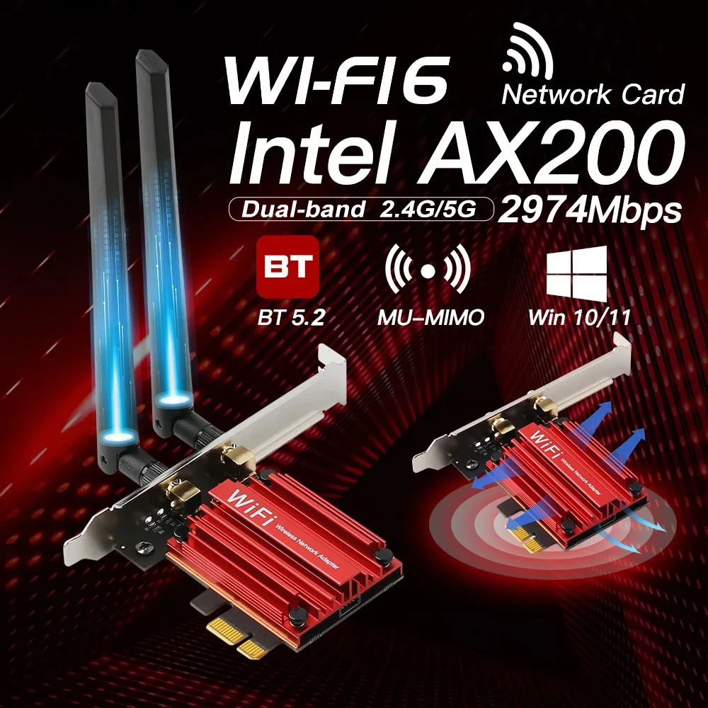 듀얼 밴드 2.4G, 5G 무선 PCIE 어댑터, 와이파이 6 2974Mbps 네트워크 카드, 블루투스 5.2 무선 카드, PC Win10/11 USB 라우터 AX200