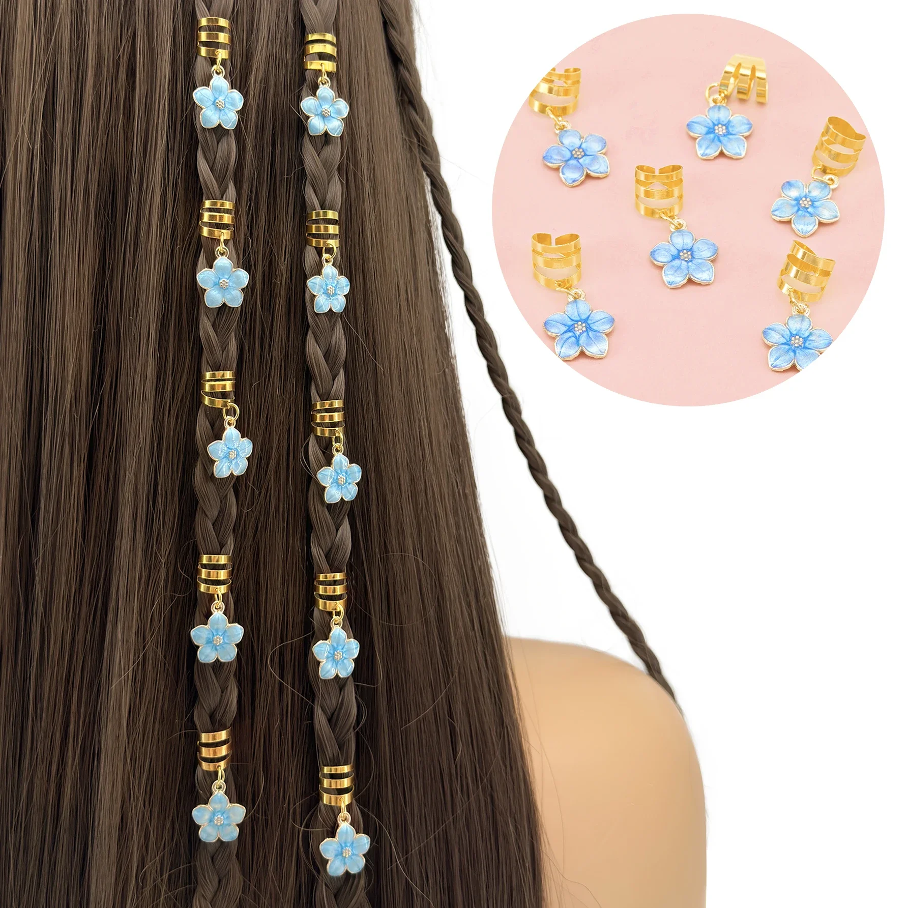 

6pcs Flower Decor Hair Clip Summer Dreadlocks Beads Hair Braid Rings Clips Dread Locks Hair Braiding Metal Cuffs Decoration