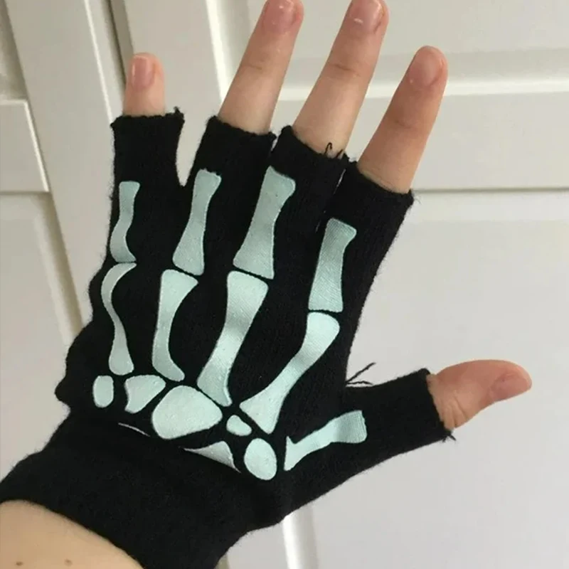 Unisex Adult Halloween Skeleton Skull Half Finger Punk Gloves Glow in the Dark Fingerless Stretch Knitted Winter Mittens