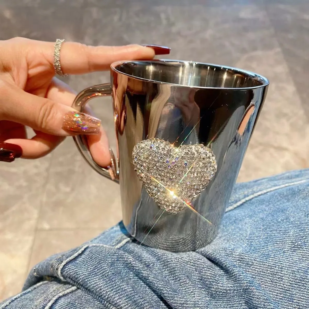 Diamond-encrusted Heart Water Cup High-Value Stainless Steel Home Office Cold Drink Cup
