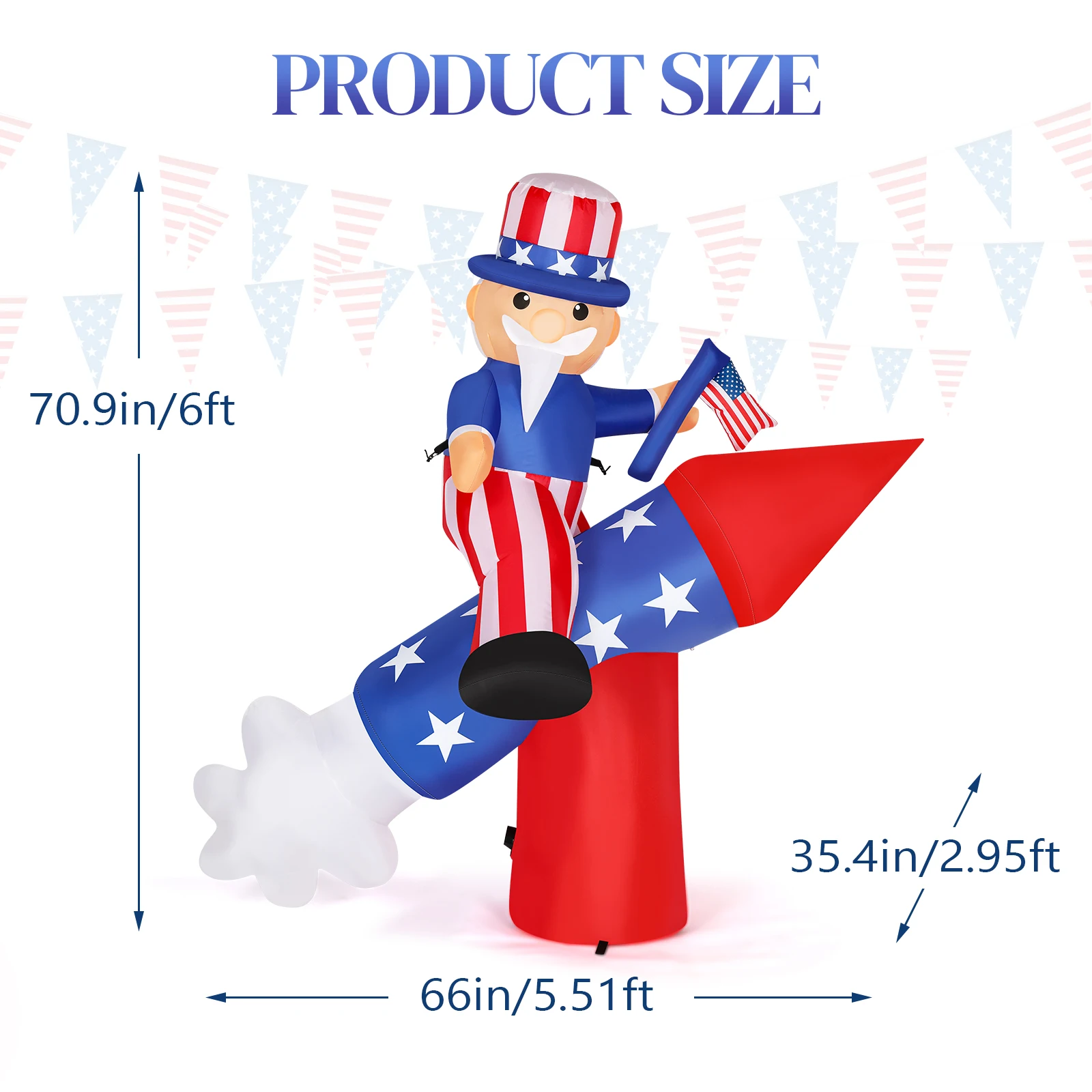 6ft Uncle Sam on Rocket Independence Day Blow Up Lighted Decoration With 3Led Light