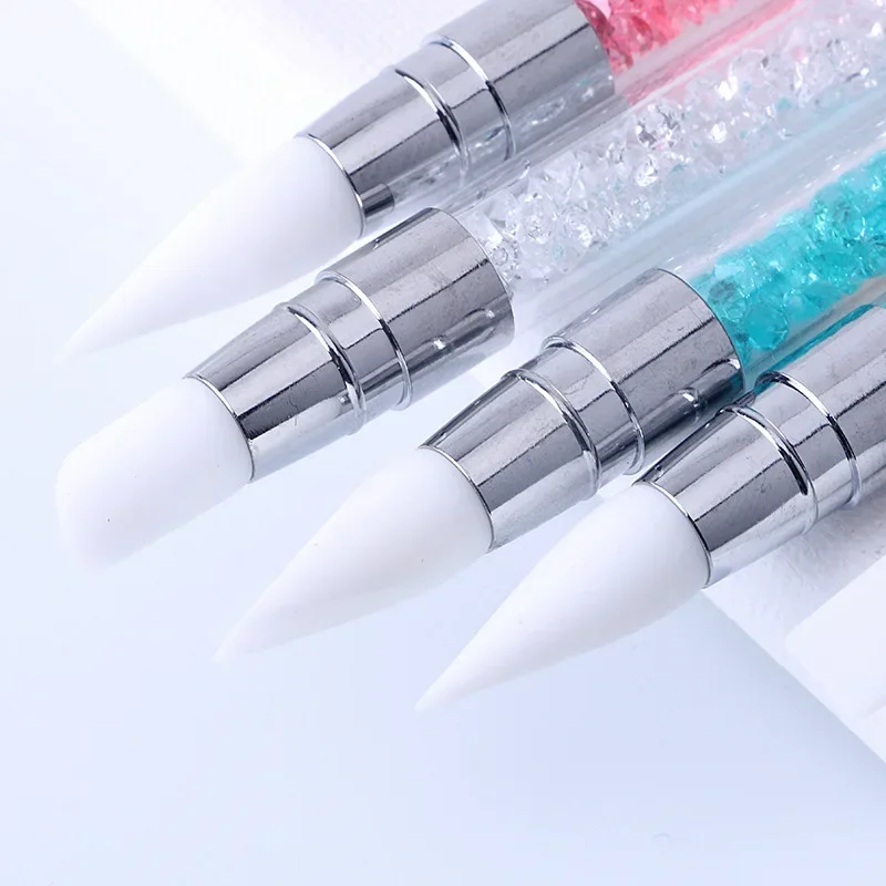 1 pieza de bolígrafo de doble punta con cabeza de silicona para tallar y puntear, pinceles para arte de uñas, herramienta con mango de cristal para manicura DIY en gel 3