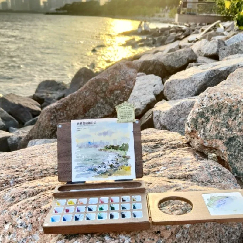屋外水彩ボックス,黒のクルミ材の仕切りパレット,手描き,色の混合,スケッチツール,24色