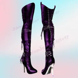 Purple Cross Tied Over The Knee Boots Patent Leather Pointed Toe Shoes for Women Thin High Heels Shoes 2024 Zapatos Para Mujere