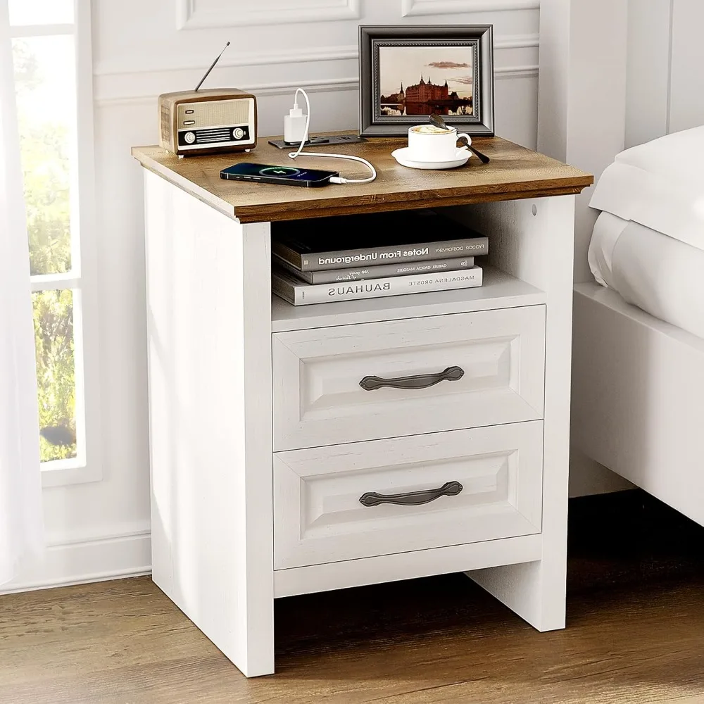 

Night Stand with Charging Station, Farmhouse Bedside Table with 2 Drawers and Open Storage, Rustic End Table with AC Outlets