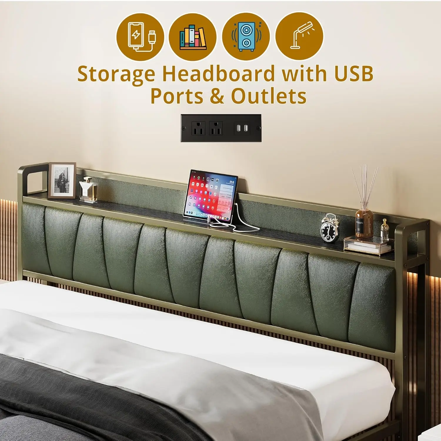 California King Storage Bed Frame with Charging Station, Noise-Free, Easy Assembly, Dark Green, Customized - view 5