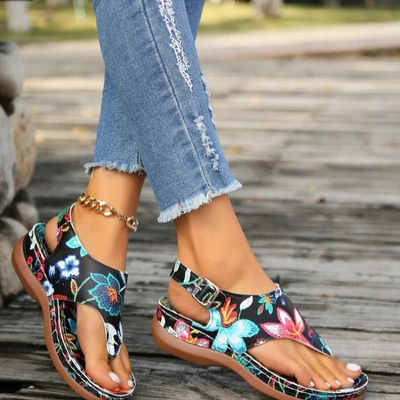 Women Floral Print Thong Wedge Sandals, Ankle Strap Platform Flip Flops, Bohemian Elevated Casual Outdoor Ladies Thong Sandals
