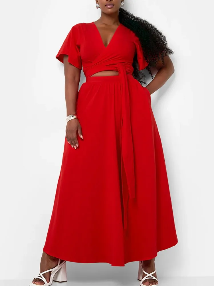 Tweedelige set plus size kleding lente zomer v-hals korte mouw top maxi rok vrouwen sets streetwear casual kantoor dame pak