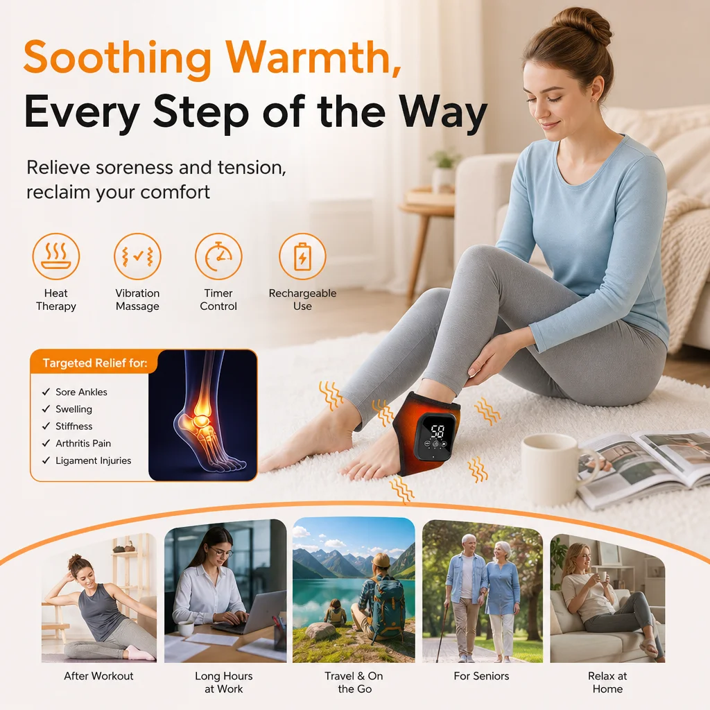 Electric Heated Ankle Brace, 3 Levels Vibration/Heating Ankle Wrap Rechargeable Warm Support for Sports Hiking Winter Daily Care for Left/Right Foot