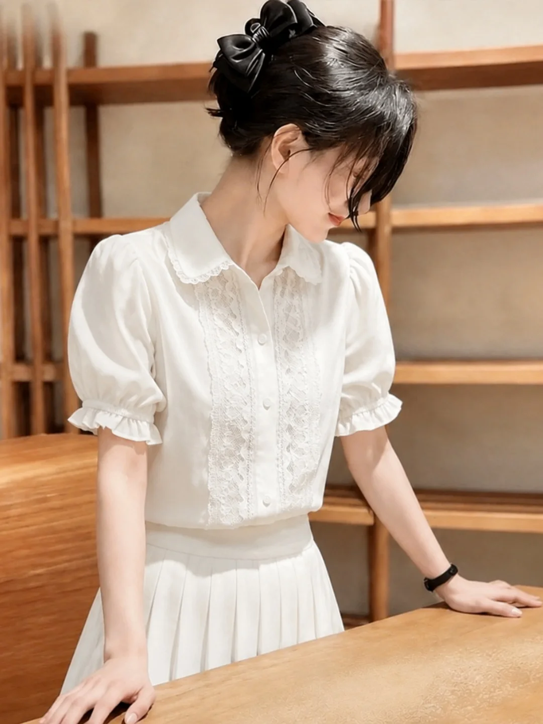 

Trendy Lace Splice Short Sleeve Shirt Turn-down Collar Single Button Versatile Commute Top Korean Style Straight Cut Other Ma...