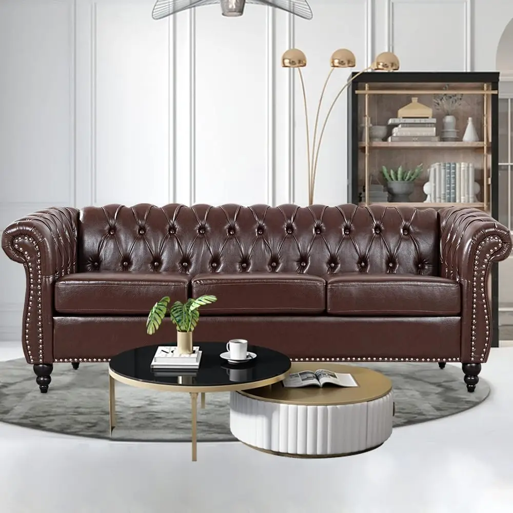 

Chesterfield Leather Sofa with Button Tufted Design for Living Spaces