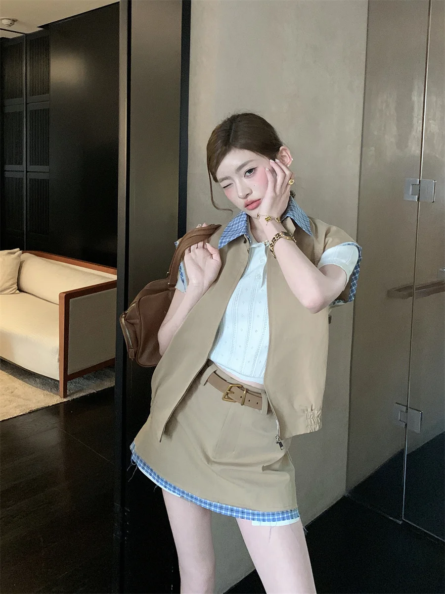 

Faionable Повседневный женский комплект из двух предметов ort Sve Vest Jaet And Skirt Earth Store Miu Sle Age-Defng Ensemble