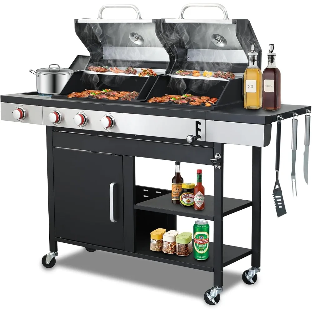 

Outdoor BBQ Grill with Gas and Charcoal Combo, 37,230 BTU, Porcelain-Enameled Cast Iron Grates, and Side Burner Griddle