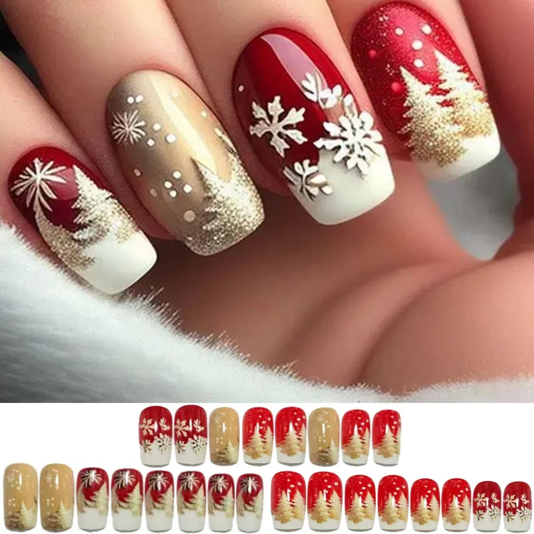 Imprensa de floco de neve de natal em unhas 24 peças unhas falsas de ouro vermelho para festa de férias unhas festivas femininas
