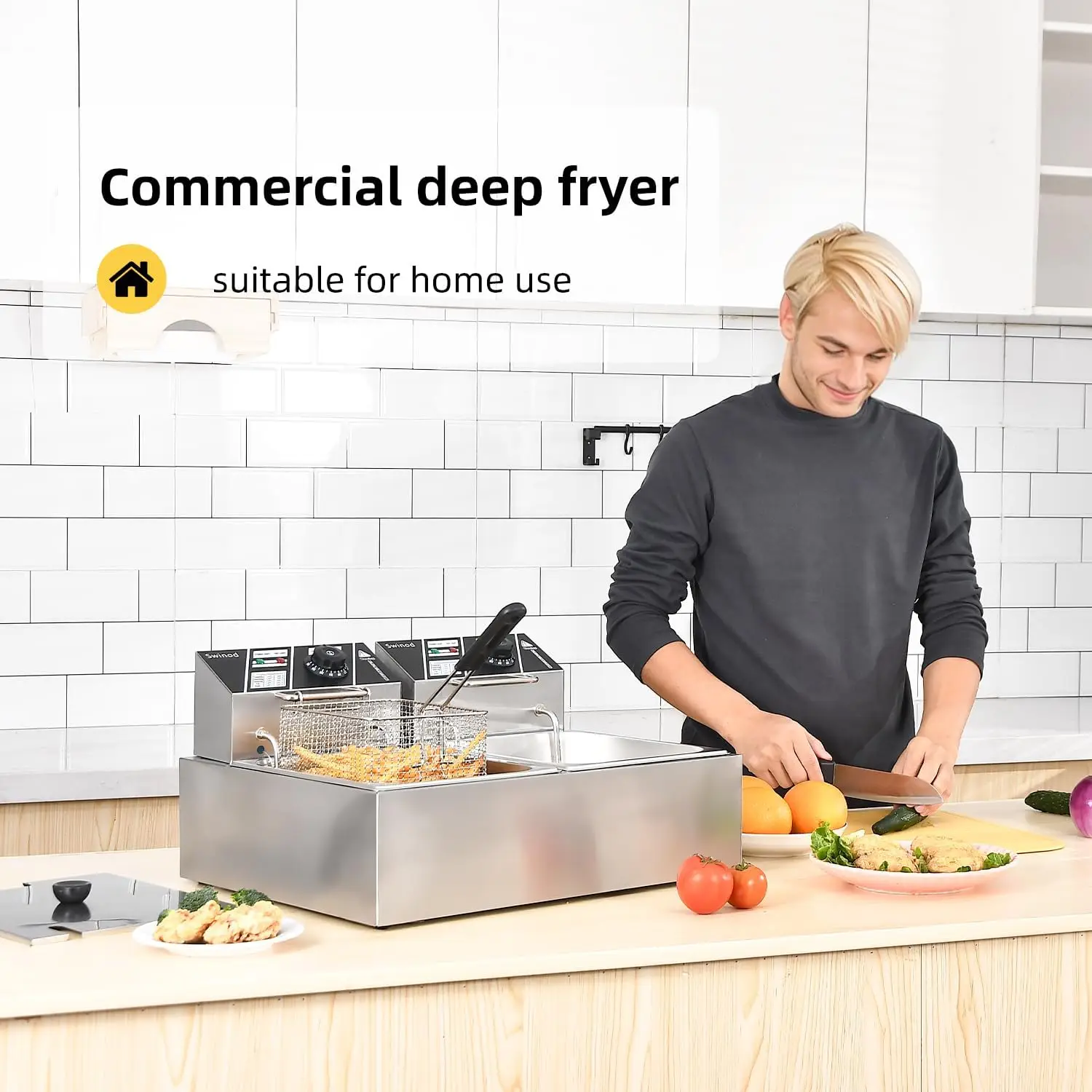 Fritadeira com cestas, fritadeira elétrica de óleo de bancada de aço inoxidável espessada 3000W 12,7QT/12L, grande capacidade com temperatura