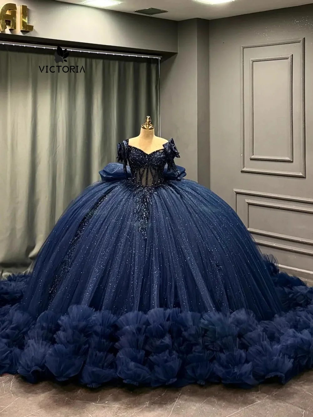 

Navy Blue Detachable Train Quinceanera Dress Mexican Birthday Prom Dresses Ball Gown 15 Year Old Dress Graduation Customized