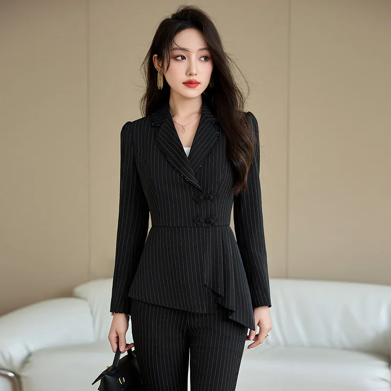 Black Striped Suit for Women New Style2024Autumn Winter High-End Slimming Professional Outfit Strong Aura Women's Formal Wear