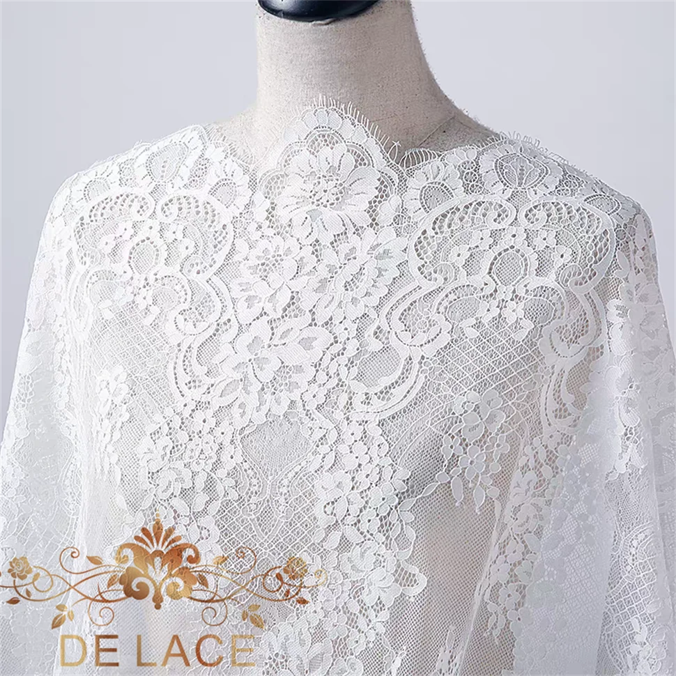 

Delicate Chantilly Eyelash Lace Soft Mesh Fabric Floral Embroidered Corded Lace Wedding Dress Lace Fabric