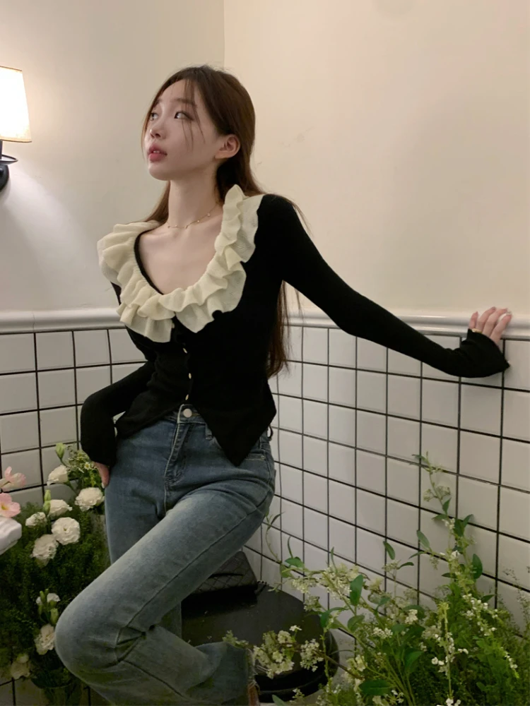 Ruffled Collar Cardigan Women Contrast Color Temperament Tender Office Lady Daily Simple Stylish Korean Style Long Sleeve Ins