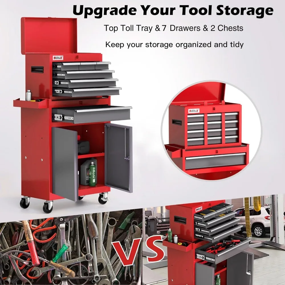 Скриня для инструментов на колесиках с 7 ящиками, высота 40 со съемной металлической верхней коробкой для ремонта и хранения в гараже