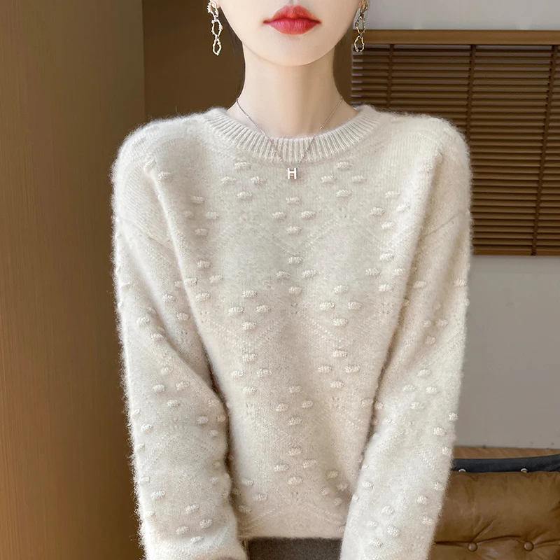 Warm Thick Wool Sweater For Women Round Neck Elegant Solid Color Loose Jumper AutumnWinter 100% Pure Wool Knit Pullover sweater