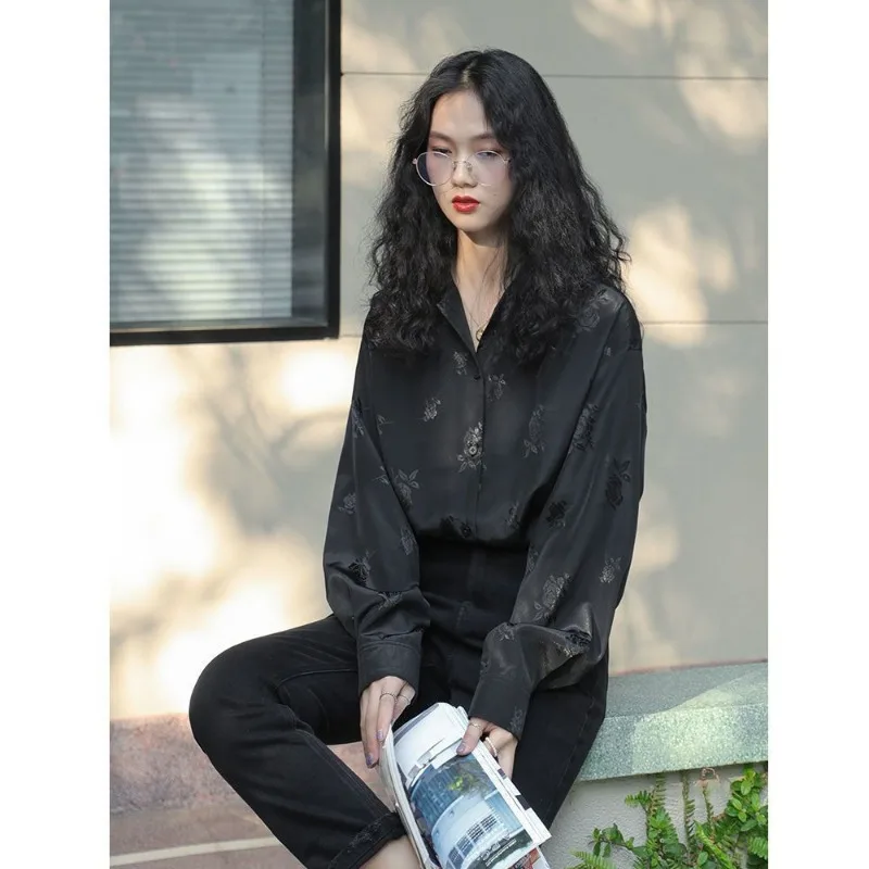 QWEEK Vintage Satin Long Sleeve Shirt Woman Korean Fashion Summer Blouses Old Money Style Loose Casual Chic Youthful Aesthetic