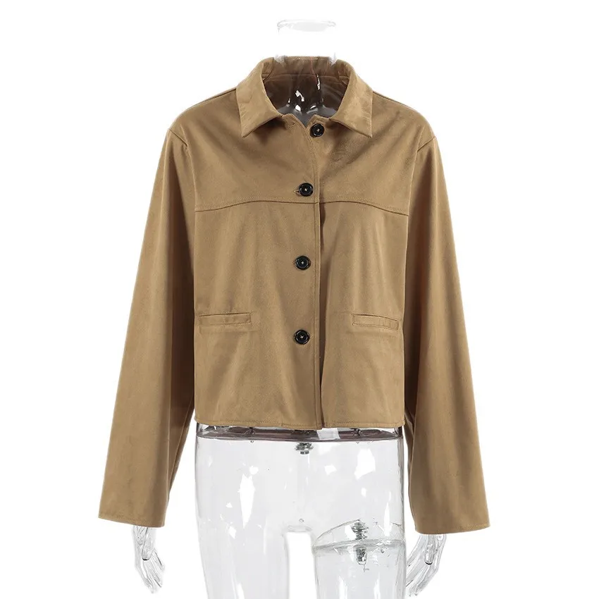 Suede Jacket For Women's Autumn Winter Street Vintage Casual Pockets Coat Solid Lapel Long Sleeve Fashion Short Jackets