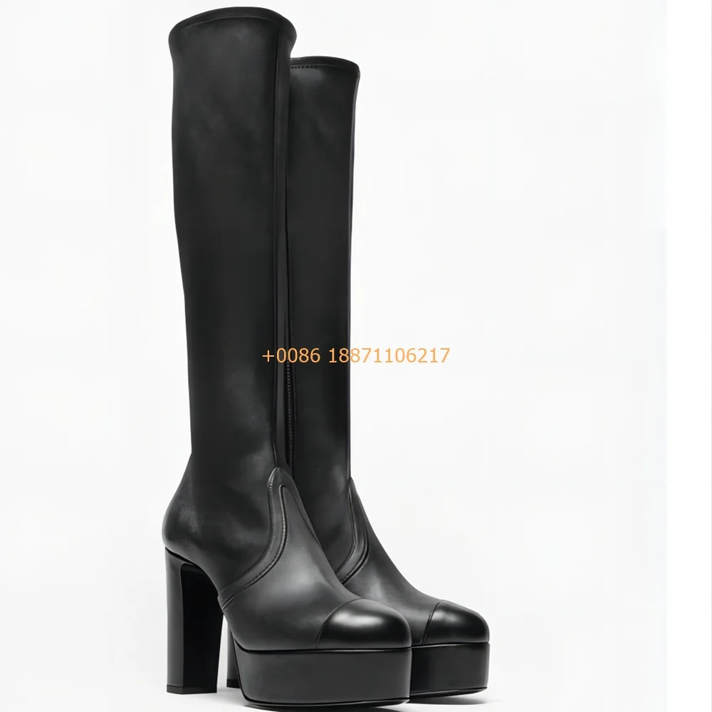 Autumn Platform Women's Stretch Boots 2025 New Sexy Round Model Catwalk Thick Heel Boots Fashion Party Casual Zip Knight Boots