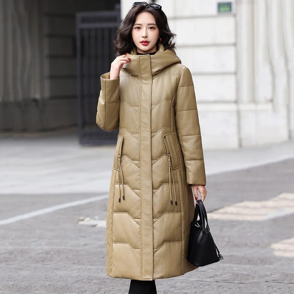 جديد إمرأة شتاء انقسام الجلود أسفل معطف موضة مقنعين كم طويل فضفاض معطف دافئ عادية البساطة معطف طويل من الجلد أسفل #1