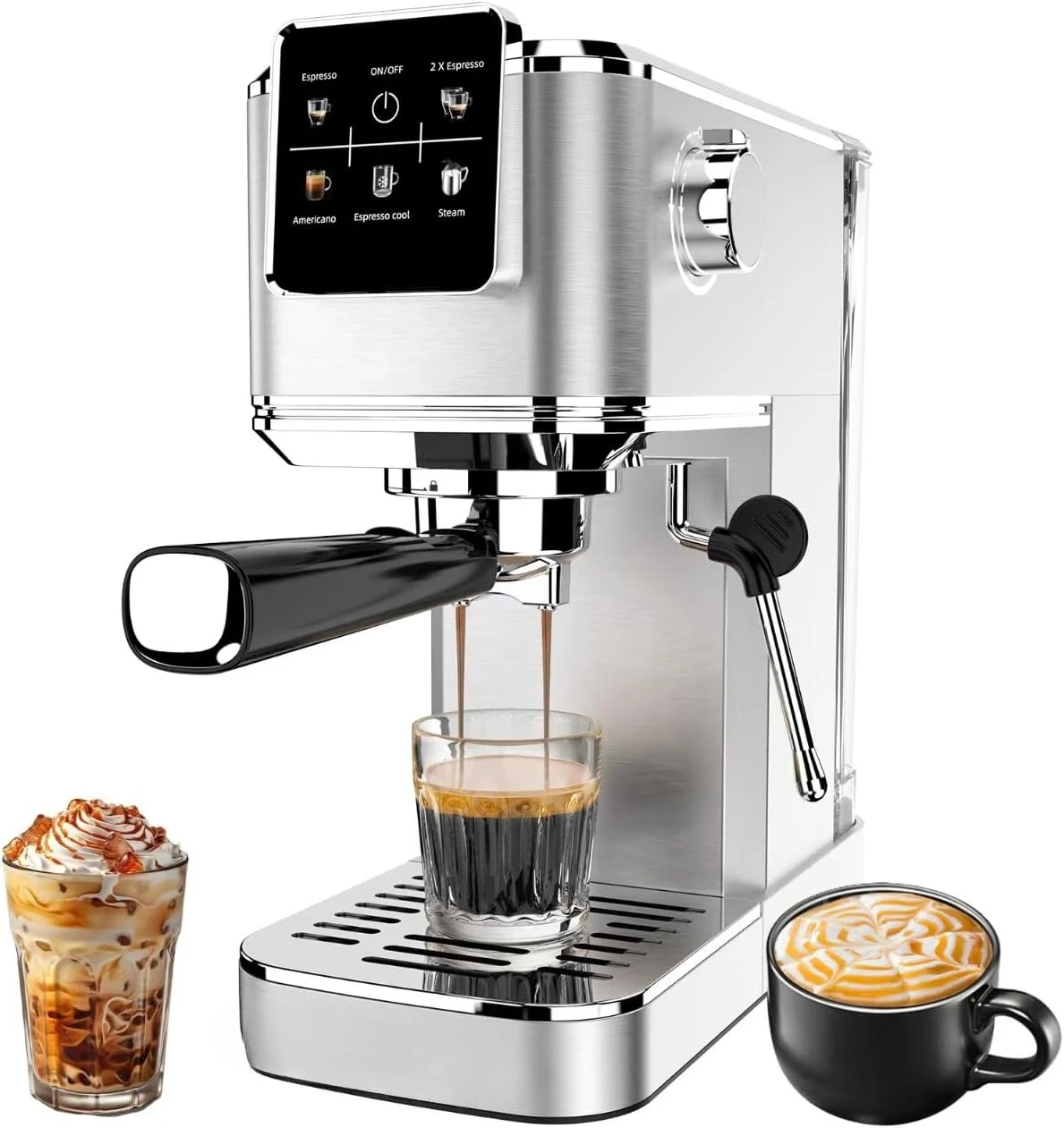 

20 бар, эспрессо-машина с сенсорным экраном и паровым вспенивателем молока, кофемашина из нержавеющей стали для системы быстрого нагрева мощностью 1350 Вт