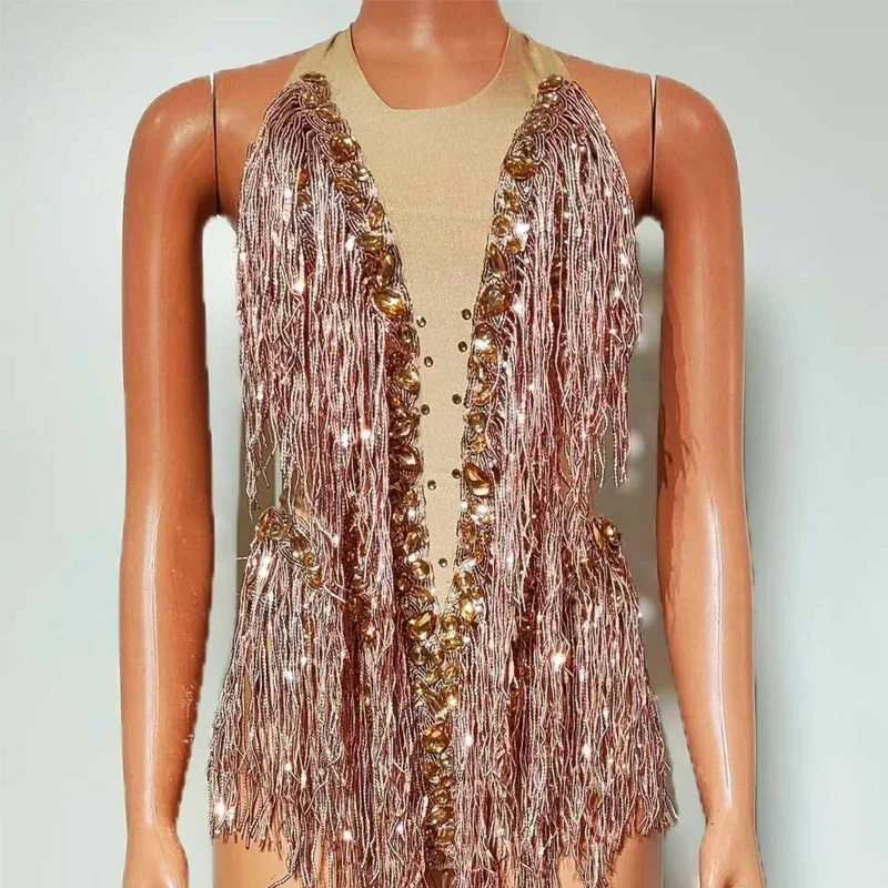 セクシーなポールダンス衣装ゴールドラインストーンボディスーツ女性パーティードラッグクイーン衣装バー Ds Dj ステージゴーゴーパーティー衣装