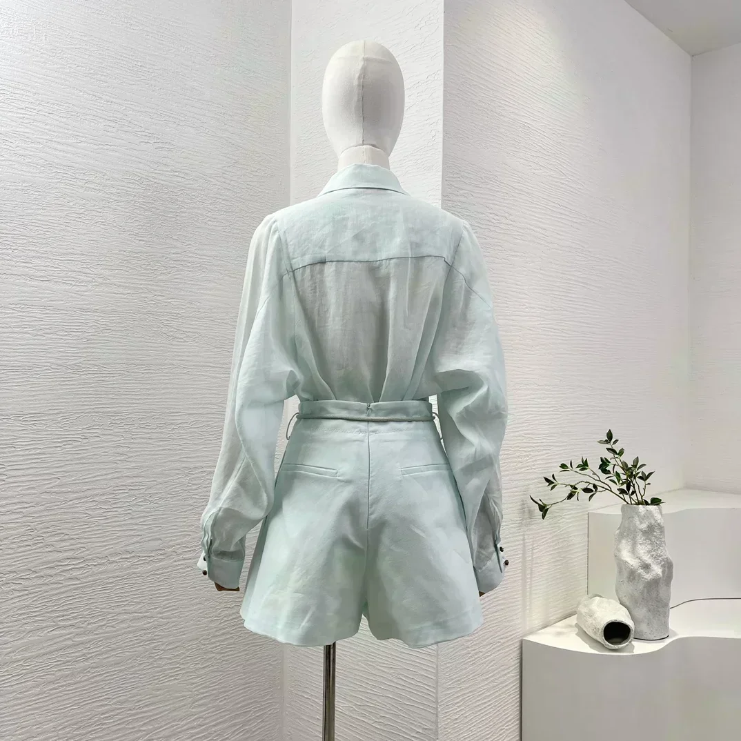 고품질 라미 블라우스 탑과 린넨 반바지 세트 신상 여성 솔리드 클래식 네이비 블루 긴팔
