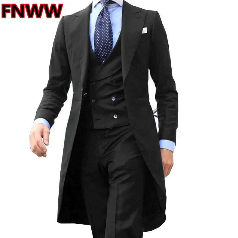 Men's 3-Piece Peak Lapel Long Tail Coat Blazer Vest And Pants Set Formal Wedding Ceremony Evening Party Outfit