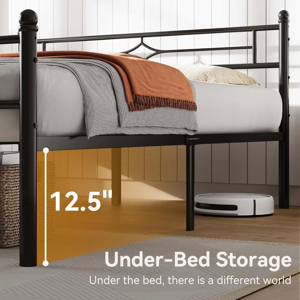 Estrutura de cama dupla de metal clássico com suporte de ripas de aço e armazenamento embaixo da cama 12,5