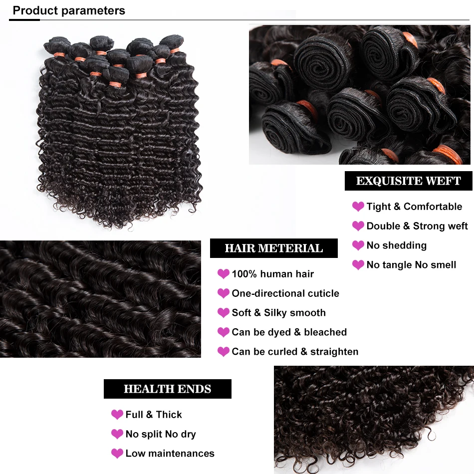 PD 30 32 36 40 Inch Deep Wave Human Hair Bundles Brazilian Remy Unprocessed Weaving Curly Hair Bundles Weave Extensions Deals