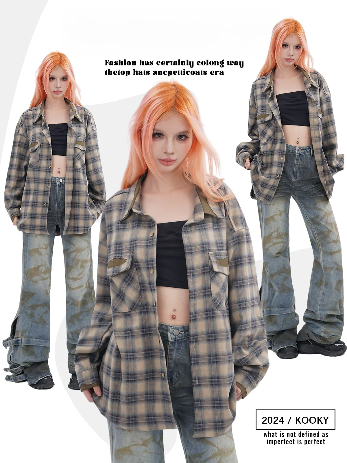 

Женская рубашка-жакет в американском ретро-стиле, свободного кроя, в клетку, с длинным рукавом, в уличном стиле, с дизайнерским акцентом на цветовом сочетании.