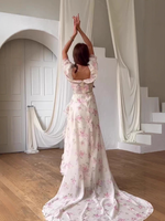 Floral Print Ruffle Pink Split Evening Dress Women Chic Square Neck Puff Sleeve High Waist Maxi Dresses Lady New Party Vestidos