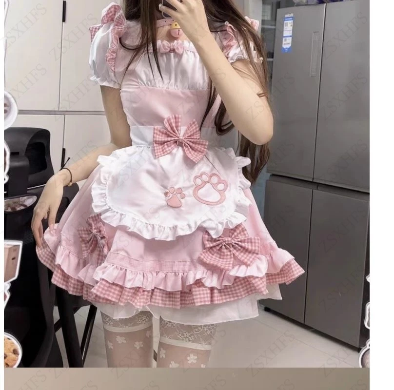 Pink Girly Lolita Maid Costume Cosplay Costumes Cute Dress Women Clothing Sexy French Apron Uniform Cafe Maid Kawaii Party Skirt