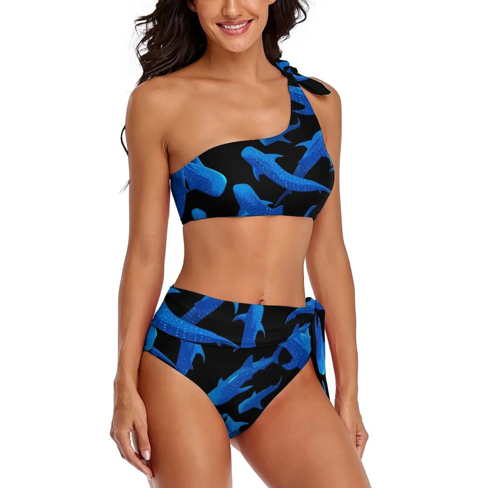 Tubarão Baleia Biquíni Maiô Conjunto para Mulheres, Animal Print, Swimwear Retro, Biquínis De Cintura Alta, Sexy Maiôs De Banho