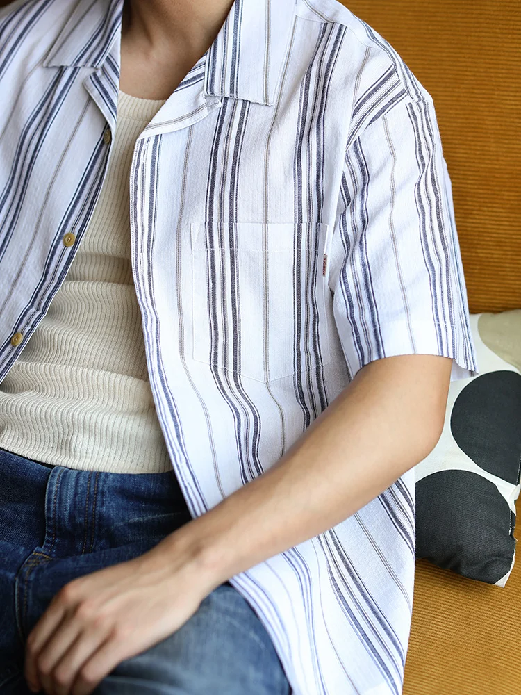 

High-End Summer Fre Stripe Cuban Collar ort Sve irt MBBCAR Narrow American Casual Hawaiian irt for Men