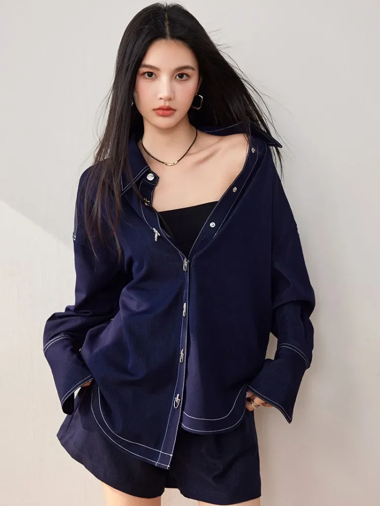 سترة دنيم زرقاء متعددة الاستخدامات للنساء، طراز جديد لخريف وشتاء 2024، بسيطة وراقية، فضفاضة وغير رسمية بأكمام طويلة #2