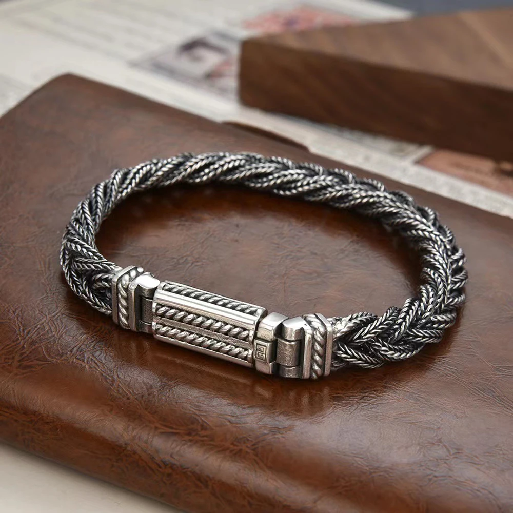 S925 Sterling Silver Hand made Fox Chain Woven Twists Bracelet Men's Vintage Punk Rock Hip Hop Bracelet Gift