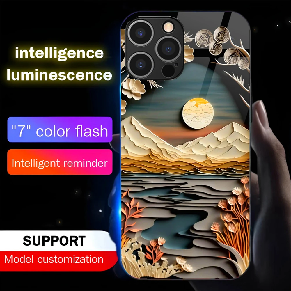 

Classic Landscape Style Luminous Tempered Glass Phone Case LED Backlight Cover For iPhone 16 15 14 13 12 11 Pro Max X XR XS