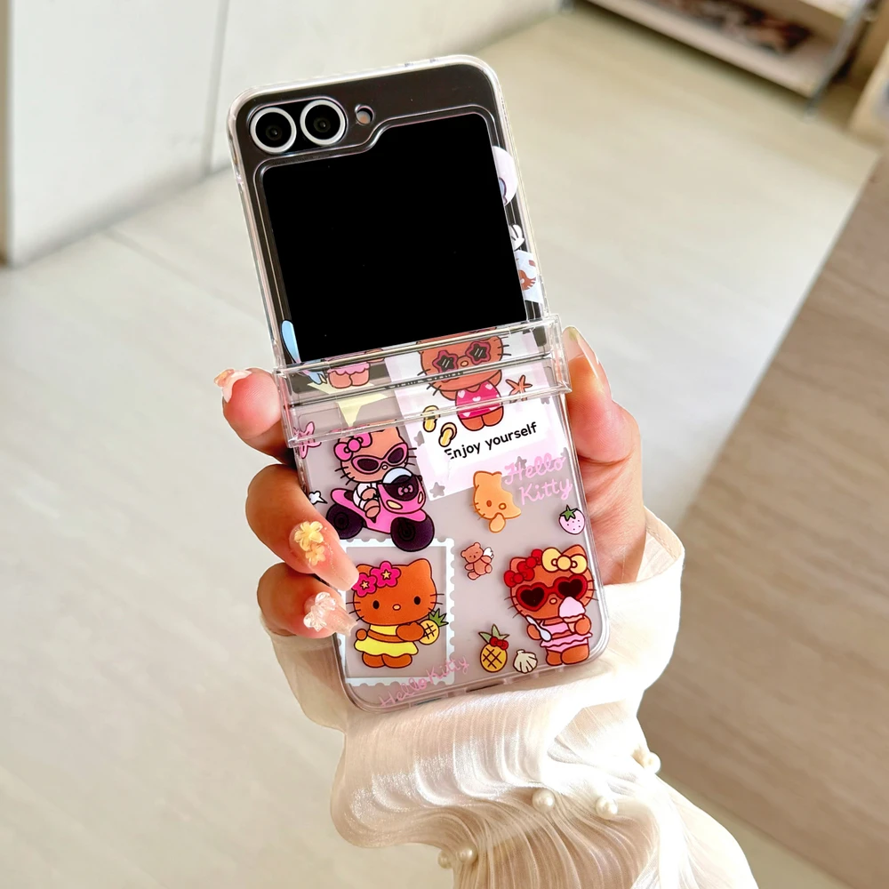 Милый мультяшный чехол Sanrio Hello Kitty с подставкой для телефона Samsung Galaxy Z Flip 6 5 4 3, прозрачный мягкий чехол из ТПУ со шнурком