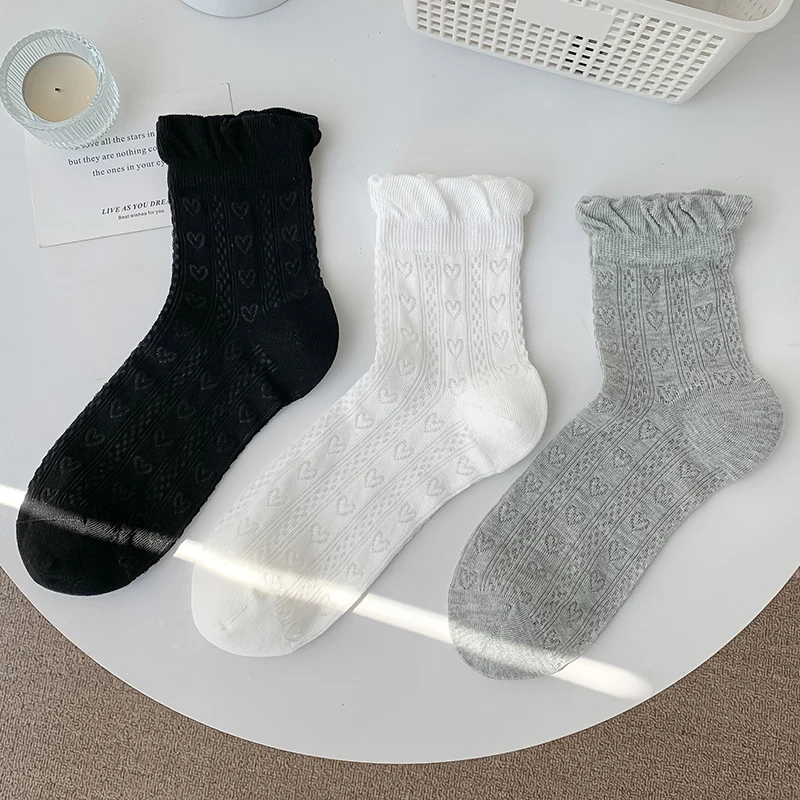 Women\'s Socks Cute New Simple Hollow Out Sweet Girls Thin Socks Summer Breathable Frilly Ruffle Crew Socks Female Solid Color