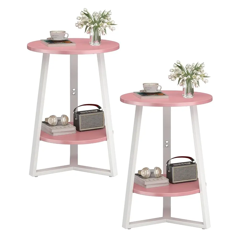 

Набор из 2-х маленьких круглых приставных столиков, 2-уровневый набор приставных столиков с полкой для хранения, журнальный столик с деревянной столешницей и металлическим каркасом, круглый, тип А