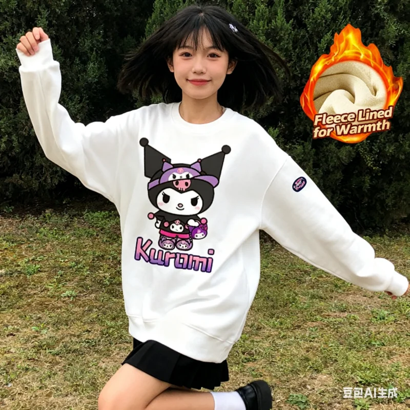 

2025 Sanrio Series Printed Crew Neck Long-Sleeve Top, Cute and Warm Fleece-Lined Crew Neck Long-Sleeve T-Shirt, 100% Cotton